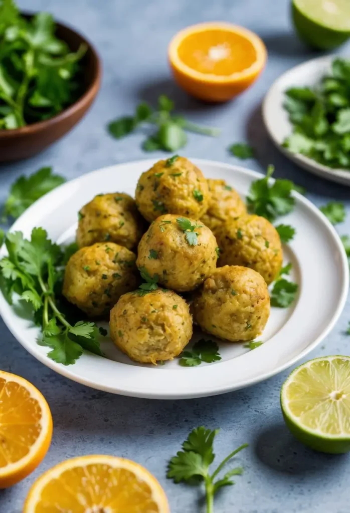 A plate of golden brown meatballs, nestled on a bed of fresh cilantro. Oranges, limes, and additional cilantro sprigs surround the plate, adding a vibrant touch of color. The meatballs look appetizing and ready to be enjoyed.