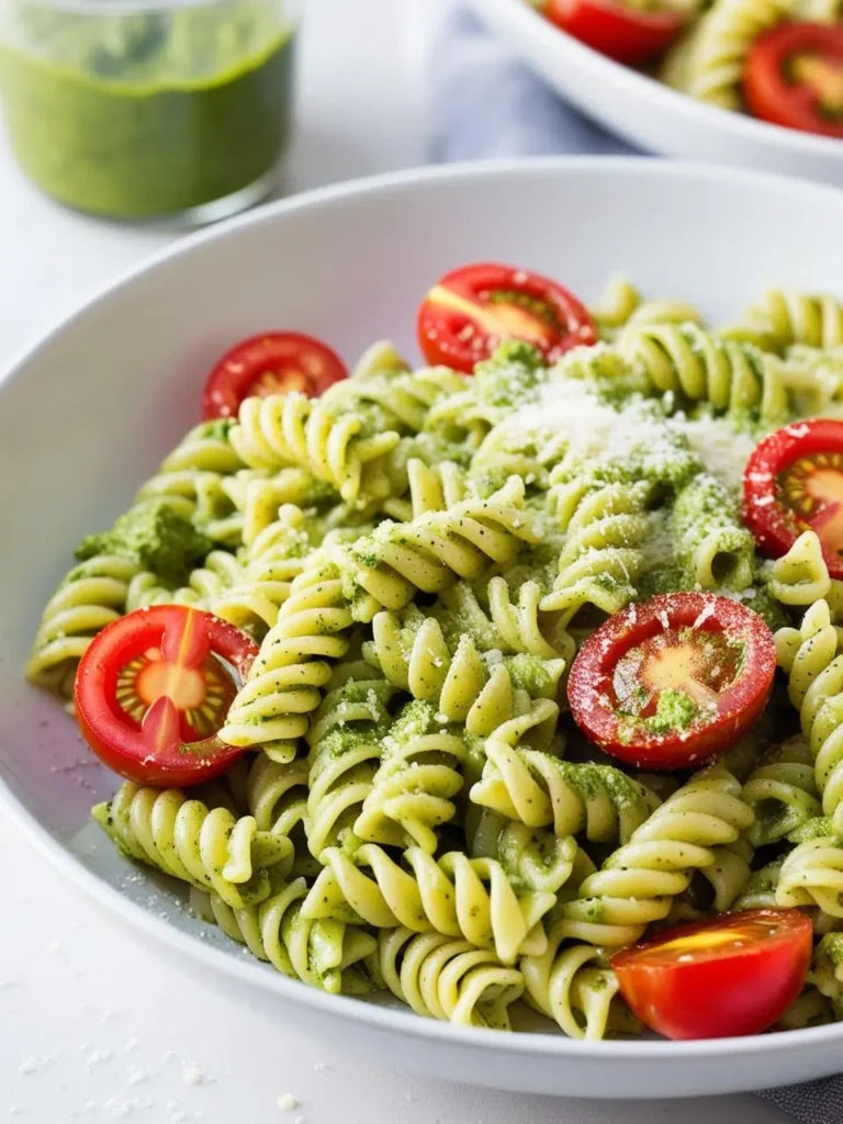 A plate of rotini pasta coated in a vibrant green pesto sauce. The pasta is topped with halved cherry tomatoes and grated Parmesan cheese, creating a delicious and satisfying dish.