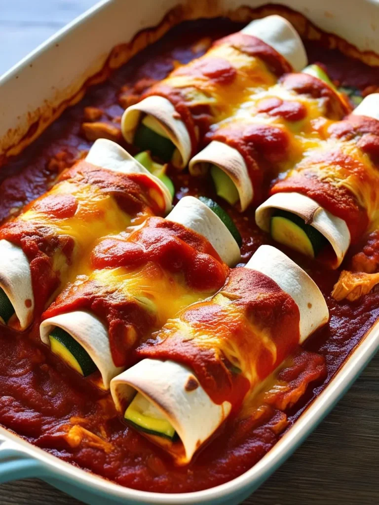 A baking dish filled with zucchini enchiladas covered in a rich tomato sauce and melted cheese. The enchiladas look delicious and ready to be enjoyed.