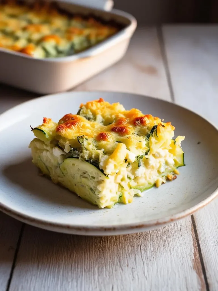 A slice of golden-brown zucchini casserole on a plate. The casserole is layered with zucchini, cheese, and herbs, making it a delicious and healthy vegetarian dish.