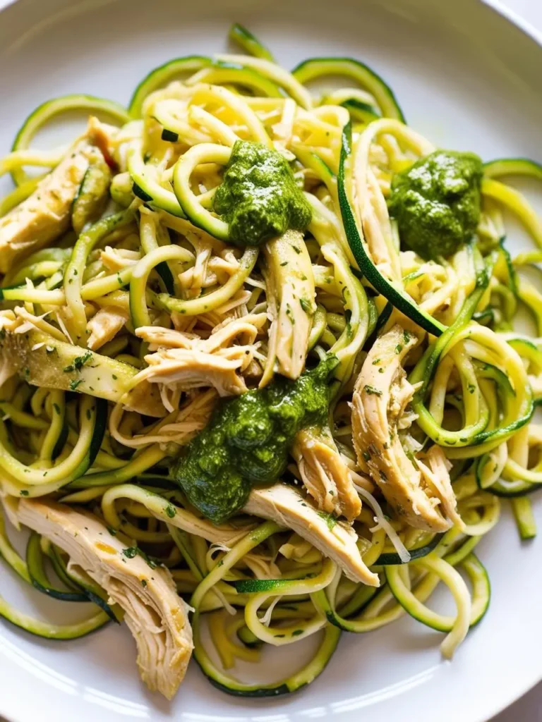 A plate of zucchini noodles topped with shredded chicken and a vibrant green pesto sauce. The dish looks fresh and appetizing, perfect for a light and healthy meal.