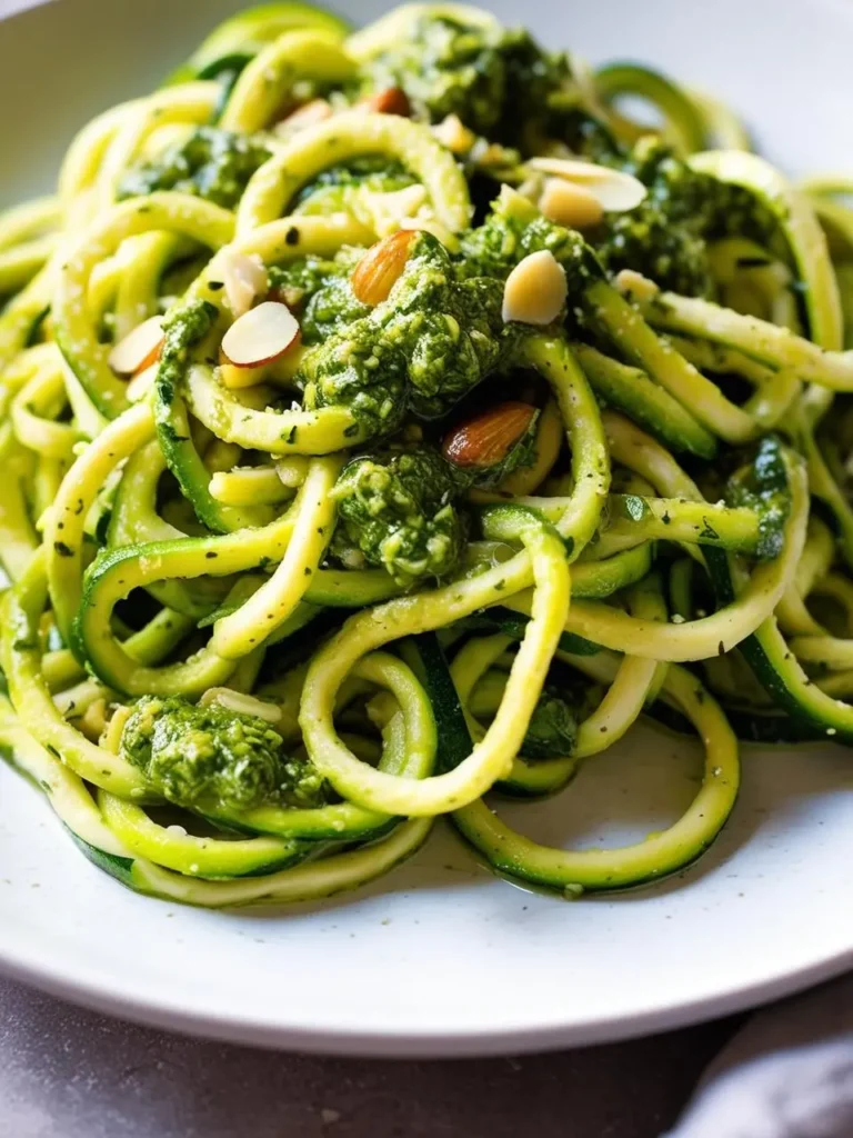 A plate of zucchini noodles tossed in a vibrant green pesto sauce and topped with toasted almonds. The dish looks fresh, healthy, and full of flavor.