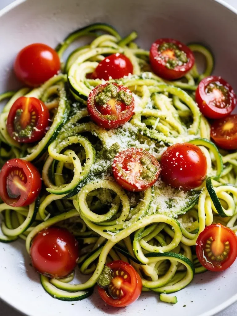 A bowl of zucchini noodles (zoodles) tossed with pesto and topped with halved cherry tomatoes. The dish looks light, refreshing, and perfect for a summer meal.