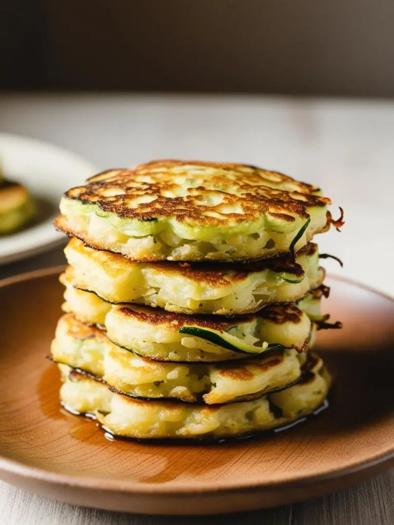 A stack of golden brown zucchini pancakes on a plate. The pancakes are slightly crispy on the outside and fluffy on the inside. A pool of maple syrup surrounds the bottom pancake.