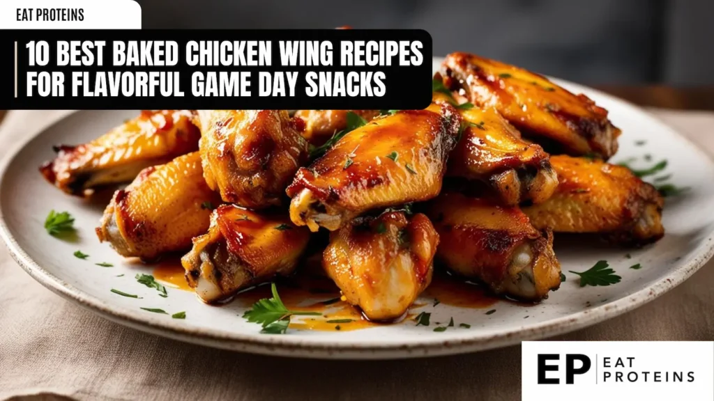 A plate of crispy, golden-brown baked chicken wings coated in a spicy, tangy sauce. The wings are garnished with fresh parsley and look incredibly appetizing. The text "10 Best Baked Chicken Wing Recipes for Flavorful Game Day Snacks" is displayed in a banner across the top.