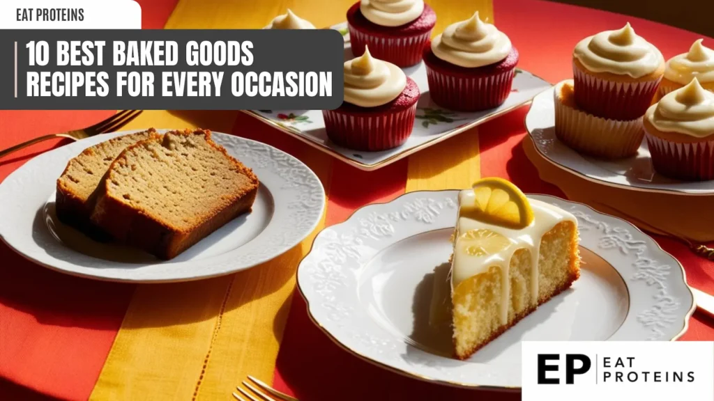 A table spread with a variety of delicious baked goods. There are cupcakes with creamy frosting, slices of a lemon cake with a drizzle, and a loaf cake cut into pieces. The image is accompanied by the text "10 Best Baked Goods Recipes for Every Occasion" and the logo for Eat Proteins.