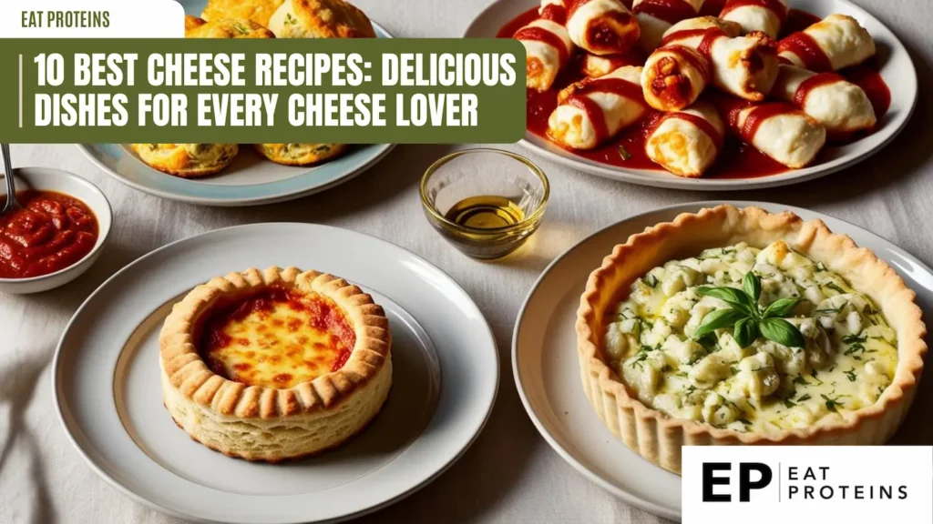 A collage of four different cheese dishes, including cheesy scones, a savory tart, a pizza-like dish, and stuffed shells. The text "10 Best Cheese Recipes: Delicious Dishes for Every Cheese Lover" is displayed in a banner across the top.