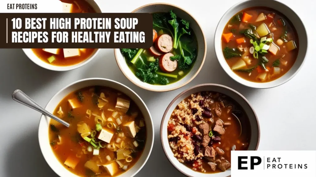 Four bowls of hearty, protein-packed soups are arranged on a table. The soups feature a variety of ingredients like tofu, vegetables, beans, and meat. The text "10 Best High Protein Soup Recipes for Healthy Eating" is displayed in a banner across the top.