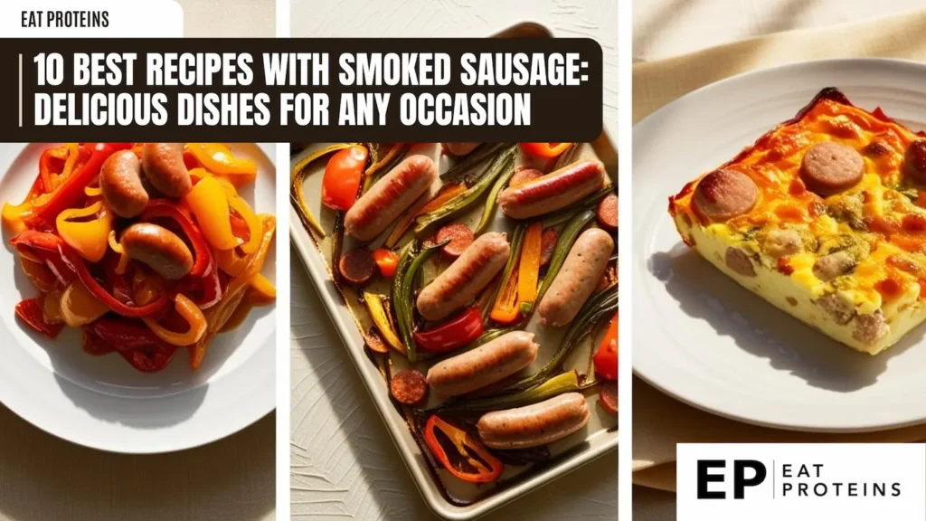 A collage of three images featuring delicious dishes made with smoked sausage, including sausage and peppers, sheet pan sausage, and a sausage casserole.