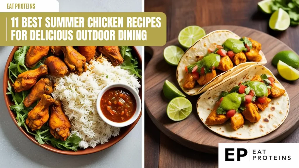 A collage of two summer chicken recipes. On the left, a plate of grilled chicken wings with a side of rice and a dipping sauce. On the right, two chicken tacos with a green sauce, tomatoes, and lime wedges. The text "11 Best Summer Chicken Recipes for Delicious Outdoor Dining" is displayed in a banner across the top.