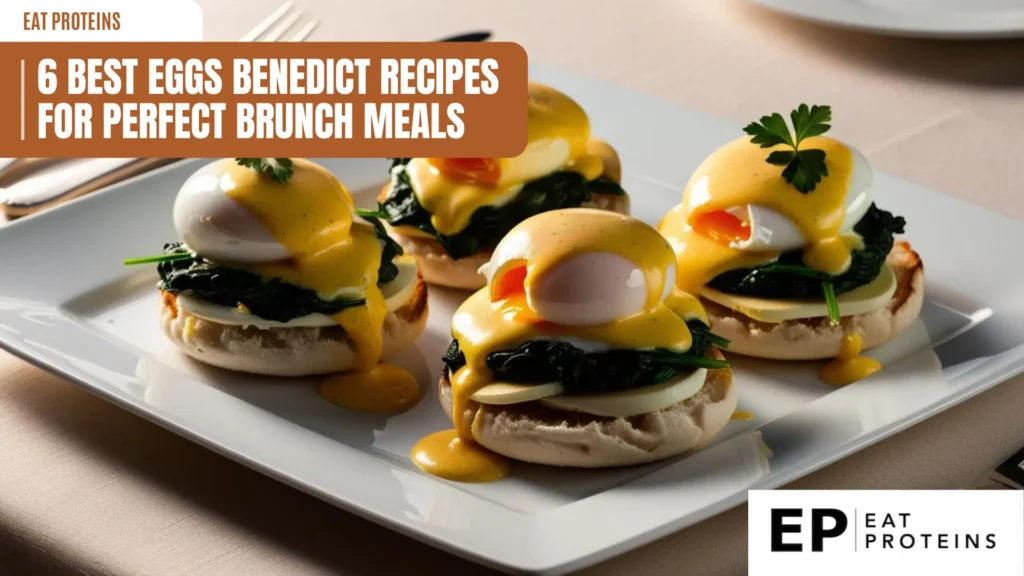 A plate of Eggs Benedict with poached eggs, English muffins, spinach, and hollandaise sauce. The text "6 Best Eggs Benedict Recipes for Perfect Brunch Meals" is displayed in a banner across the top.