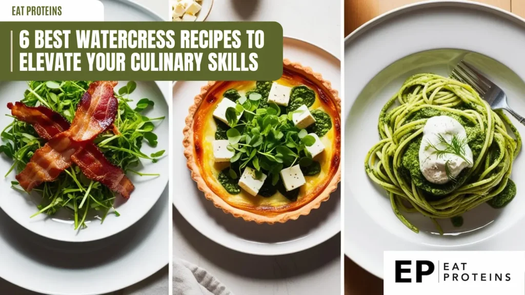 A collage of three images featuring delicious dishes made with watercress, including a salad with crispy bacon, a savory tart, and a vibrant green pasta dish. The text overlay reads "6 Best Watercress Recipes to Elevate Your Culinary Skills."