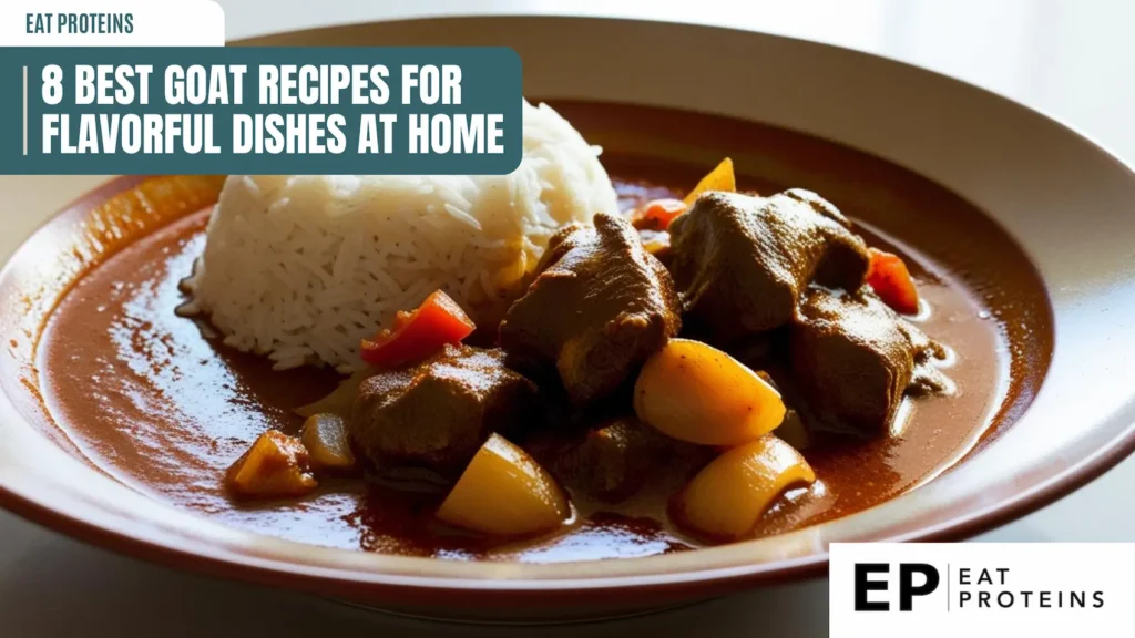 A plate of goat curry with a side of fluffy white rice. The curry is a rich, reddish-brown color, suggesting a flavorful blend of spices and herbs. The dish looks incredibly appetizing and perfect for a hearty meal.