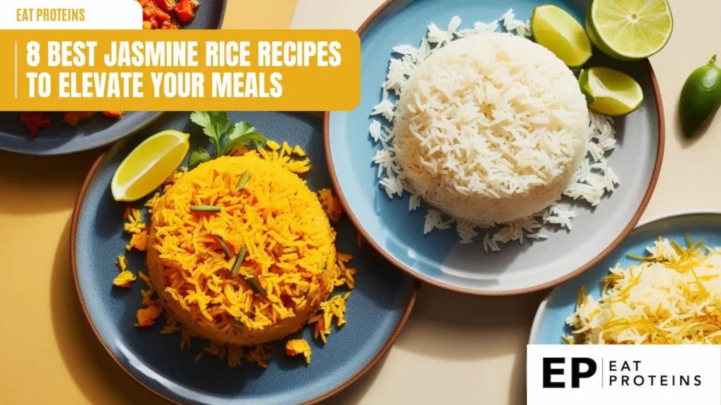 Three plates of perfectly cooked jasmine rice, each with a different presentation and color. One plate has a yellow rice with spices, another has a white rice with lime slices, and the third has a rice with a darker hue and a cilantro garnish. The text "8 Best Jasmine Rice Recipes to Elevate Your Meals" is displayed in a banner across the top.