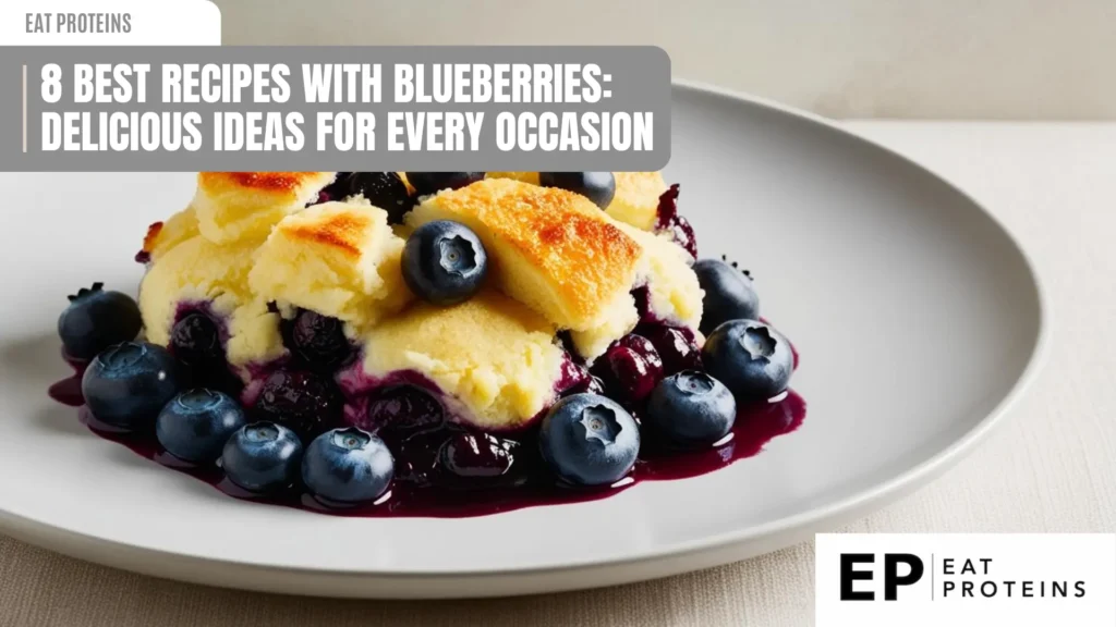 A plate of blueberry cobbler. The cobbler is warm and bubbly, with a golden crust and a generous topping of fresh blueberries. The image is accompanied by the text "8 Best Recipes with Blueberries: Delicious Ideas for Every Occasion."