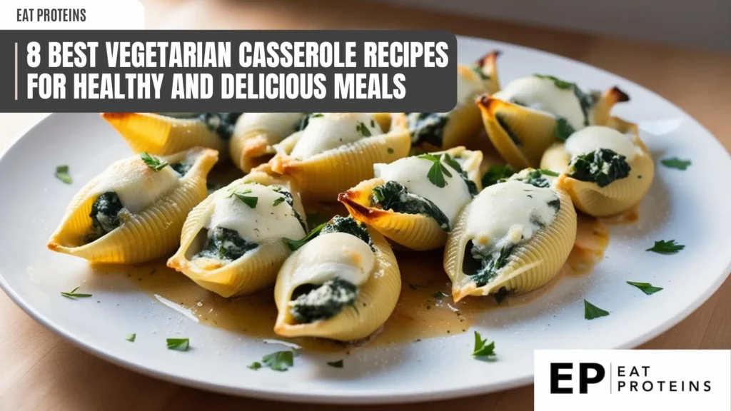 A plate of baked stuffed shells filled with a creamy spinach and cheese mixture. The shells are golden brown and look delicious. The text "8 best vegetarian casserole recipes for healthy and delicious meals" is displayed in a banner across the top.