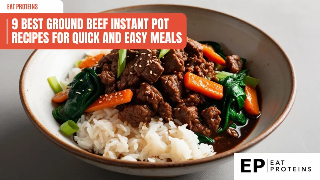 A bowl of savory ground beef stir-fry served over a bed of fluffy white rice. The stir-fry is rich with vegetables like carrots and spinach, and garnished with sesame seeds and green onions. The image is accompanied by the text "9 Best Ground Beef Instant Pot Recipes for Quick and Easy Meals."