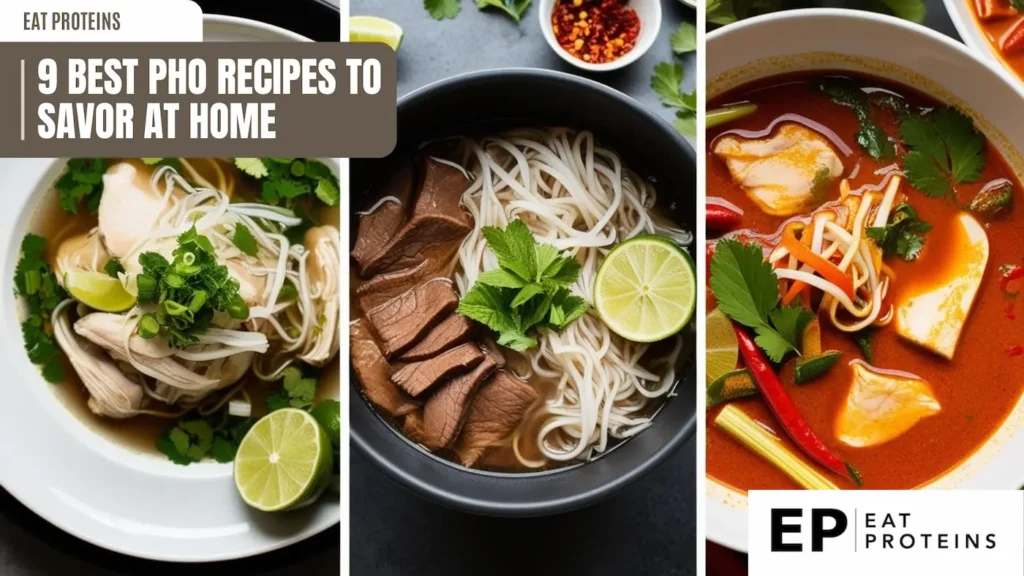 Three bowls of steaming pho, each with different meats and garnishes. The bowls showcase the variety of pho recipes, with text overlay reading "9 Best Pho Recipes to Savor at Home." The image is visually appealing and highlights the deliciousness of this Vietnamese soup.