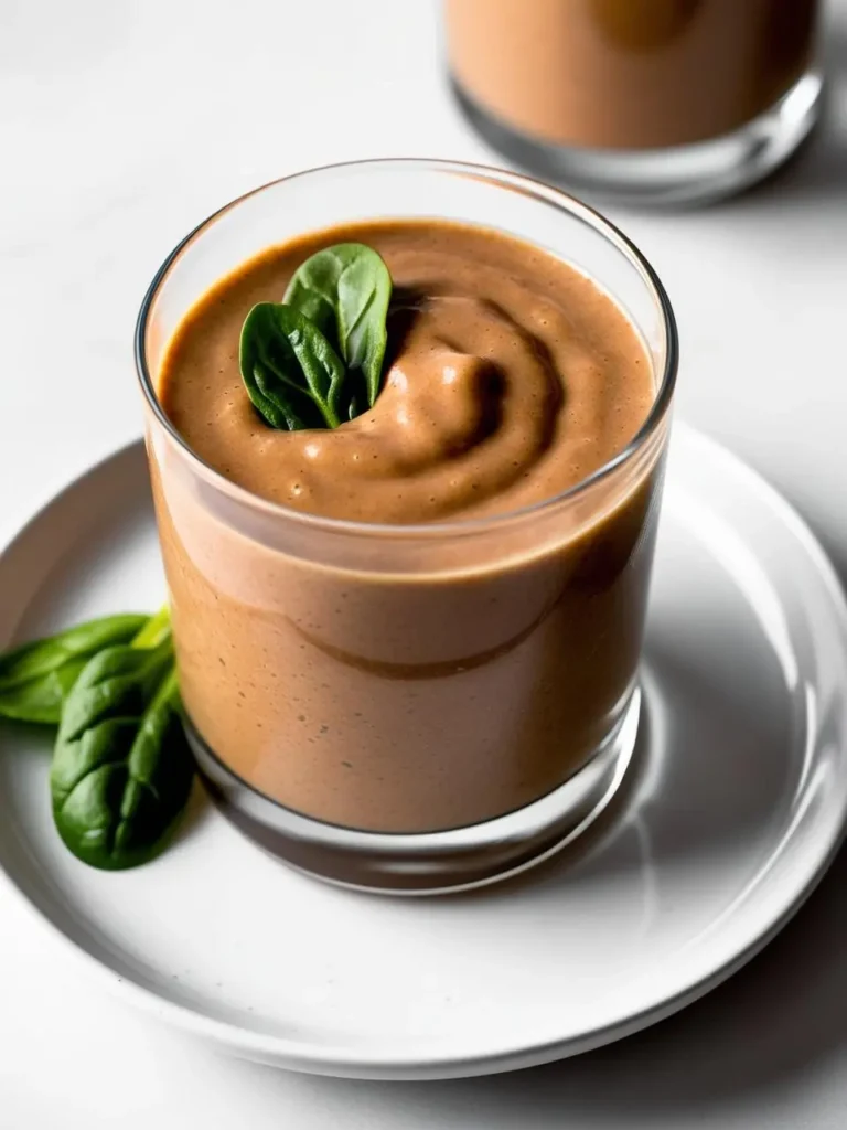 A close-up of a rich, chocolate-colored smoothie in a glass. Fresh spinach leaves are scattered around and garnish the top. The smoothie looks thick and creamy, with a hint of sweetness. It's a tempting and healthy treat.