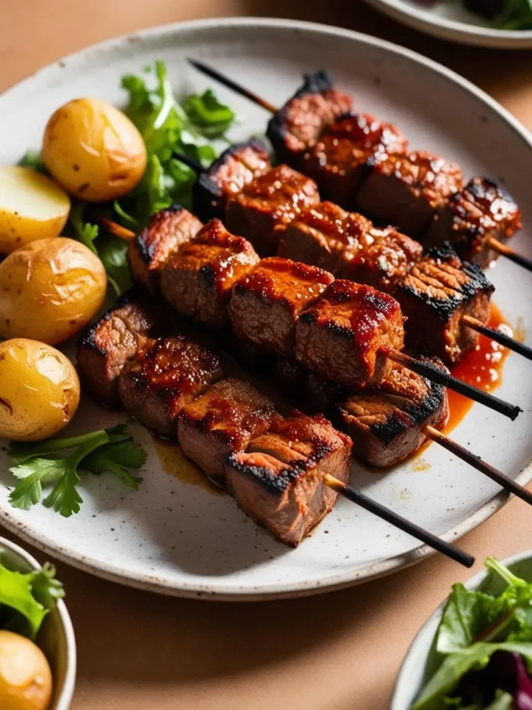 A plate of grilled beef skewers, marinated and cooked to perfection. The skewers are arranged alongside roasted potatoes and fresh cilantro, creating a visually appealing and flavorful dish. The meat looks juicy and tender, and the marinade adds a delicious glaze.