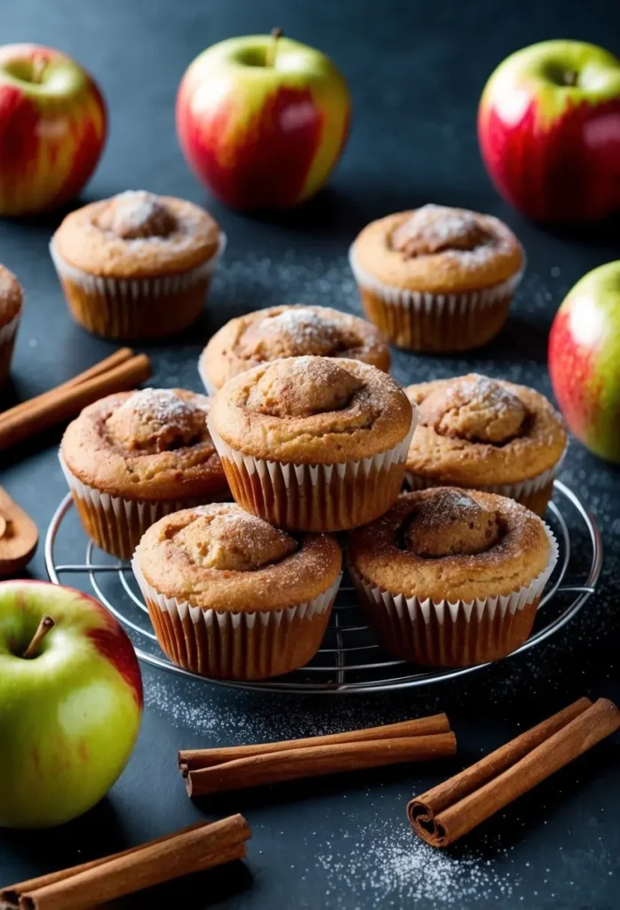 A table with freshly baked apple cinnamon muffins surrounded by cinnamon sticks, apples, and a sprinkle of sugar