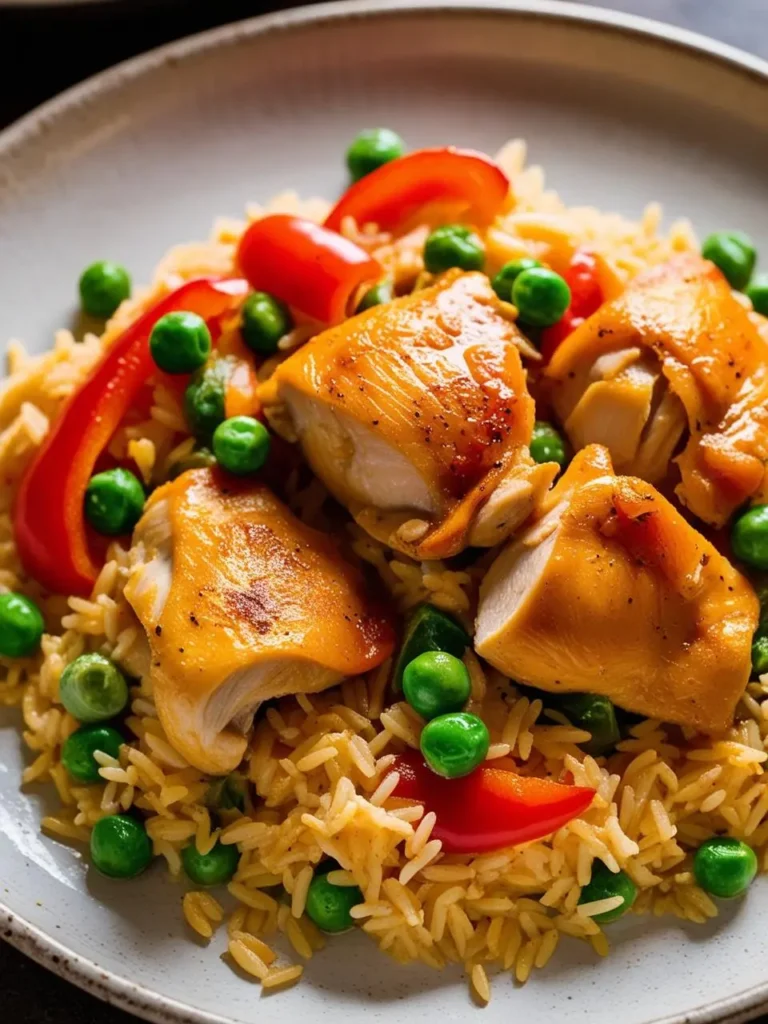 A plate of flavorful arroz con pollo. The dish features tender chicken pieces nestled on a bed of fragrant rice, mixed with vibrant vegetables like peas and bell peppers. The colors and textures combine to create a visually appealing and delicious meal.