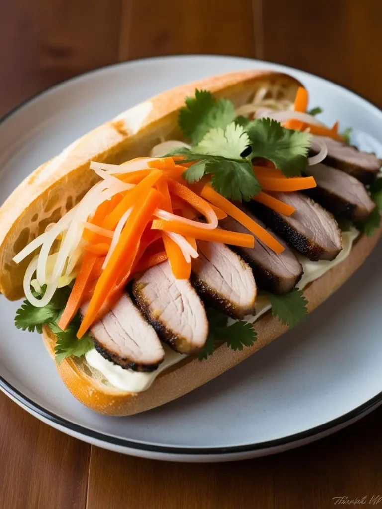 A delicious-looking Vietnamese Bánh mì sandwich. The baguette is filled with thinly sliced pork, pickled vegetables, fresh cilantro, and a creamy spread. The sandwich looks flavorful and satisfying, perfect for a quick and tasty meal.