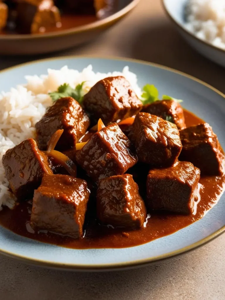 A plate of tender beef stew in a rich, dark sauce. The stew is served over a bed of fluffy white rice and garnished with fresh cilantro. The dish looks incredibly flavorful and perfect for a hearty and comforting meal.