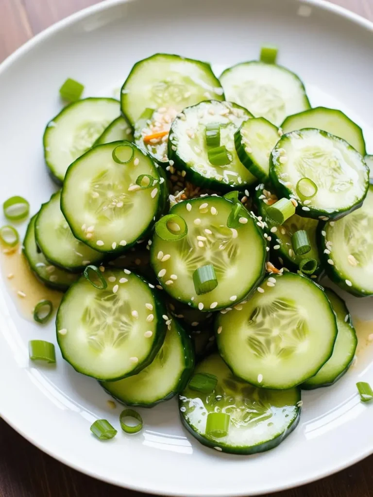 A plate of refreshing cucumber salad. Thinly sliced cucumbers are arranged on a plate and topped with sesame seeds and chopped green onions. A light dressing adds a subtle flavor to the dish. The salad looks light, healthy, and perfect for a summer meal.







