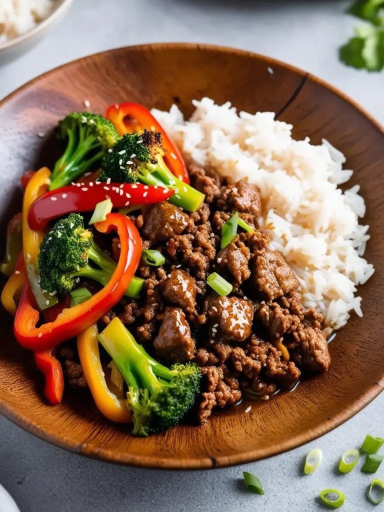 A plate of ground beef stir-fry with broccoli, bell peppers, and a savory sauce, served with a side of steamed rice. The dish is garnished with sesame seeds and green onions.