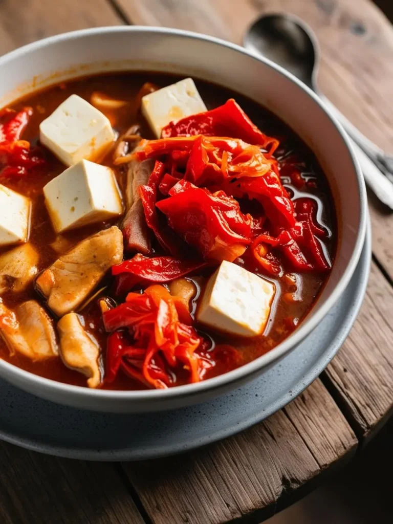 A bowl of hearty stew with chunks of tofu, red peppers, and what looks like chicken or pork. The stew has a rich, red sauce and is garnished with additional tofu cubes. The dish looks warm, comforting, and perfect for a chilly day.