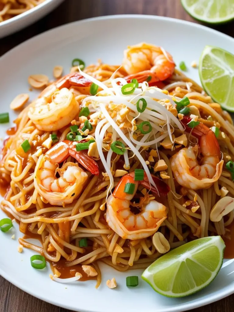 A plate of Pad Thai, a classic Thai dish. The noodles are stir-fried with shrimp, peanuts, bean sprouts, and green onions. Limes are placed on the side for squeezing over the dish. The Pad Thai looks flavorful and inviting.