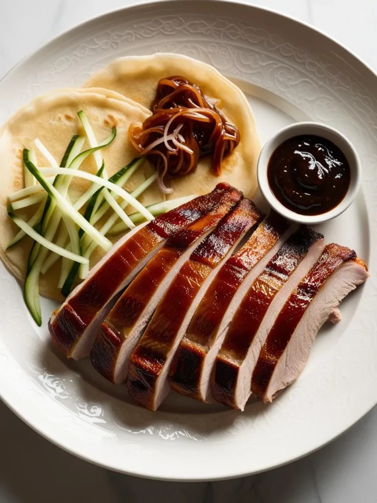 A plate of Peking duck, a classic Chinese dish. Slices of crispy, roasted duck are arranged alongside thin pancakes, cucumber juliennes, scallions, and a bowl of plum sauce. The dish is ready to be assembled and enjoyed, with each bite offering a delightful combination of textures and flavors.