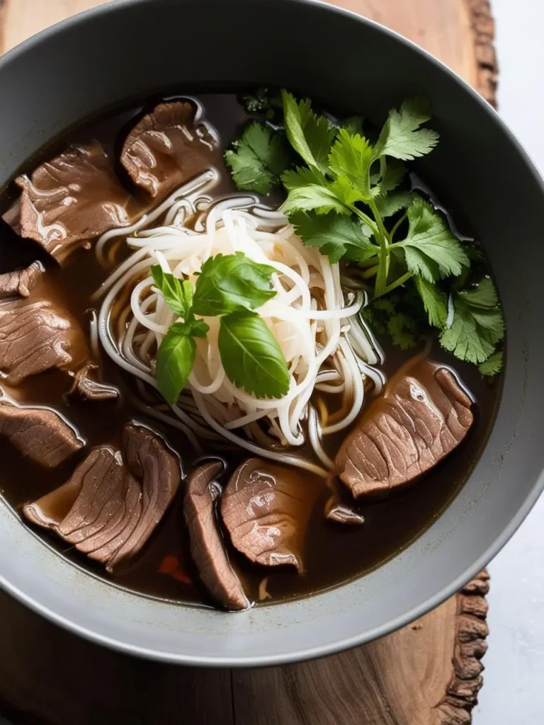 A steaming bowl of pho, a Vietnamese noodle soup. The broth is rich and flavorful, filled with tender beef slices, rice noodles, and fresh herbs like cilantro and basil. The pho looks incredibly inviting and perfect for a warm and comforting meal.