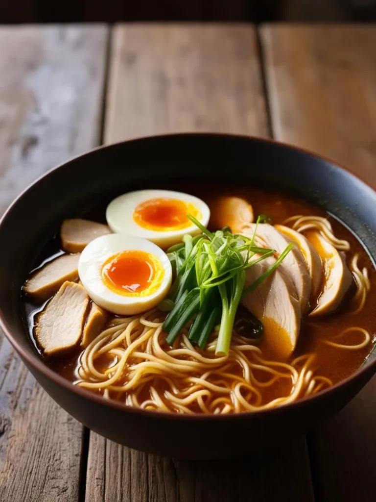 A steaming bowl of ramen with a rich, red broth. The ramen is topped with slices of tender chicken, two soft-boiled eggs, and fresh green onions. The bowl is placed on a wooden table, creating a warm and inviting atmosphere.