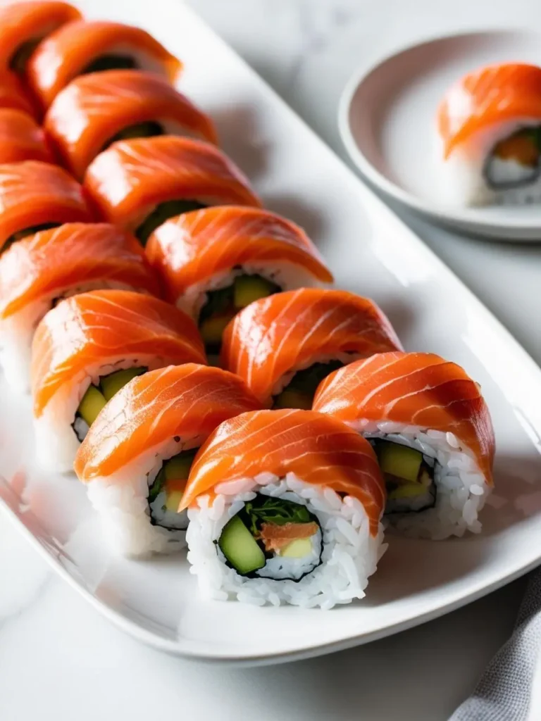 A platter of beautifully presented sushi rolls. Each roll is topped with a generous layer of bright orange salmon, creating a visually appealing display. The sushi looks fresh and delicious, with a hint of avocado and cucumber peeking through.