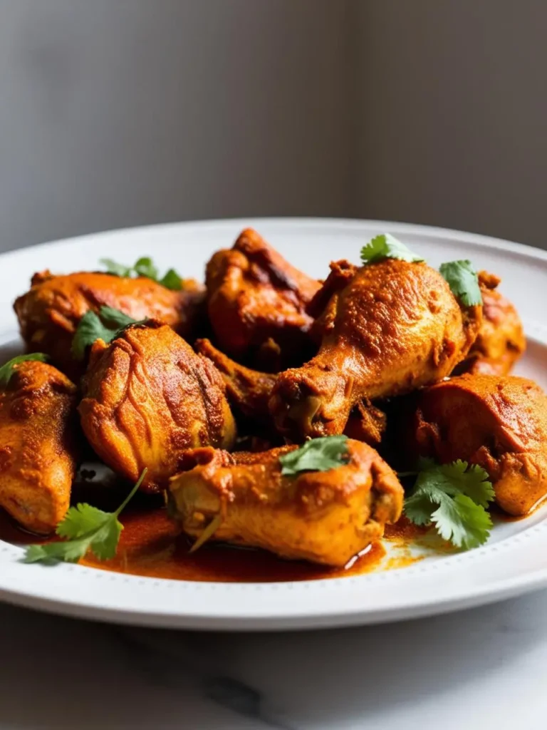 A plate of succulent, golden-brown chicken pieces coated in a rich, aromatic sauce. Fresh cilantro is scattered on top, adding a touch of freshness and color. The dish looks incredibly flavorful and perfect for a satisfying meal.