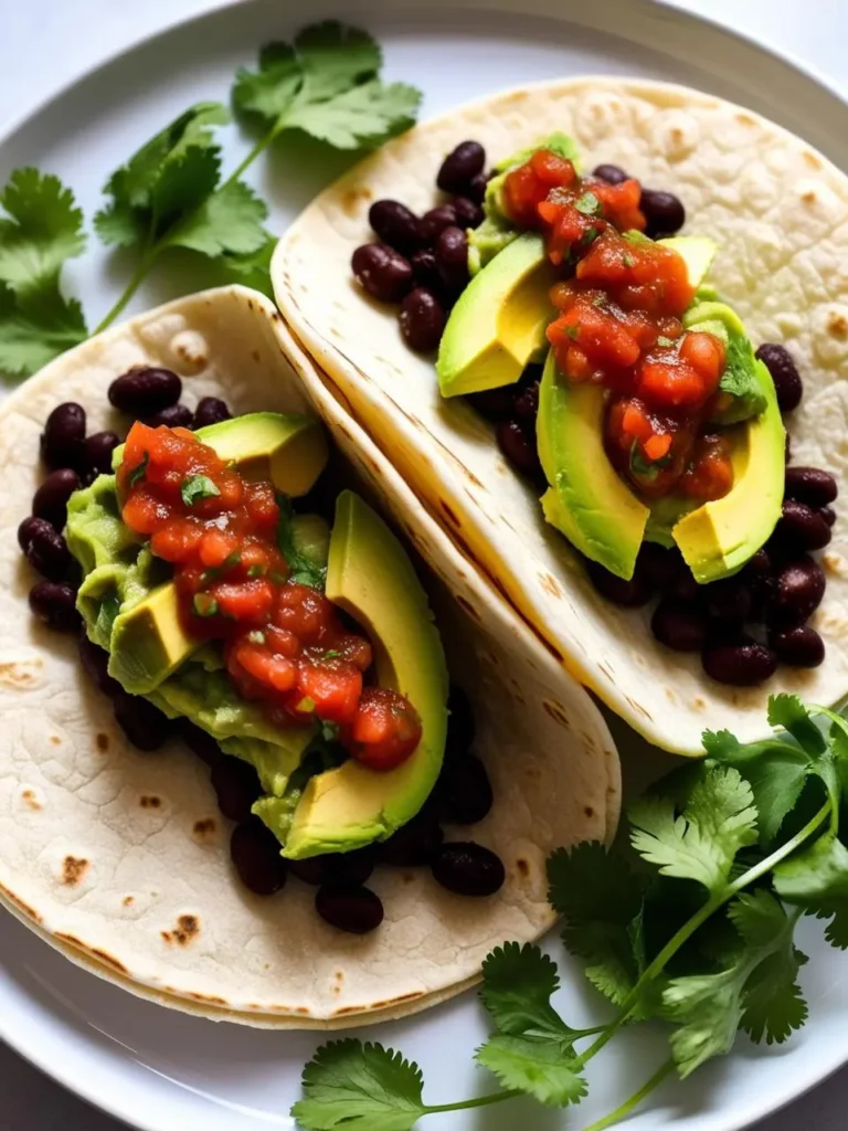 Two soft tacos filled with black beans, topped with mashed avocado and a vibrant salsa. Fresh cilantro sprigs surround the tacos, adding a touch of color and freshness. The dish looks light, flavorful, and perfect for a quick and healthy meal.