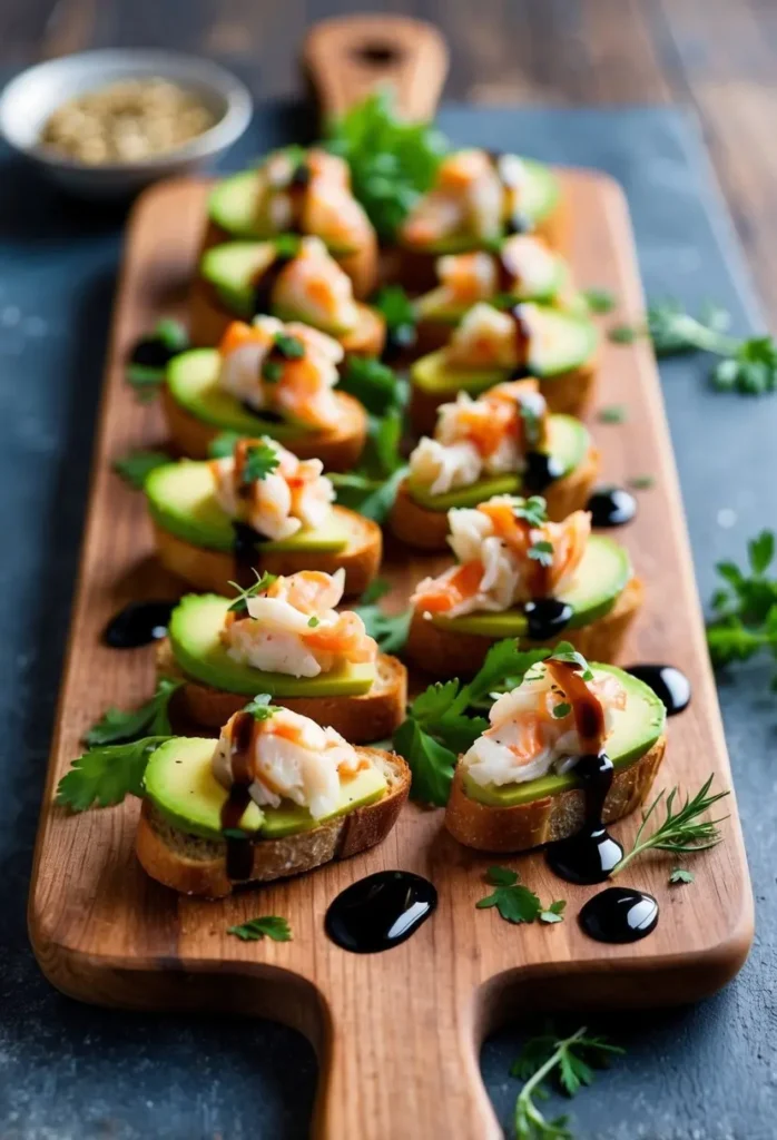 A wooden board holds a row of crostini. Each crostini is topped with avocado, crab, and a drizzle of balsamic glaze. Fresh herbs like parsley and dill add a touch of color and freshness. The crostini look elegant and perfect for a sophisticated gathering.