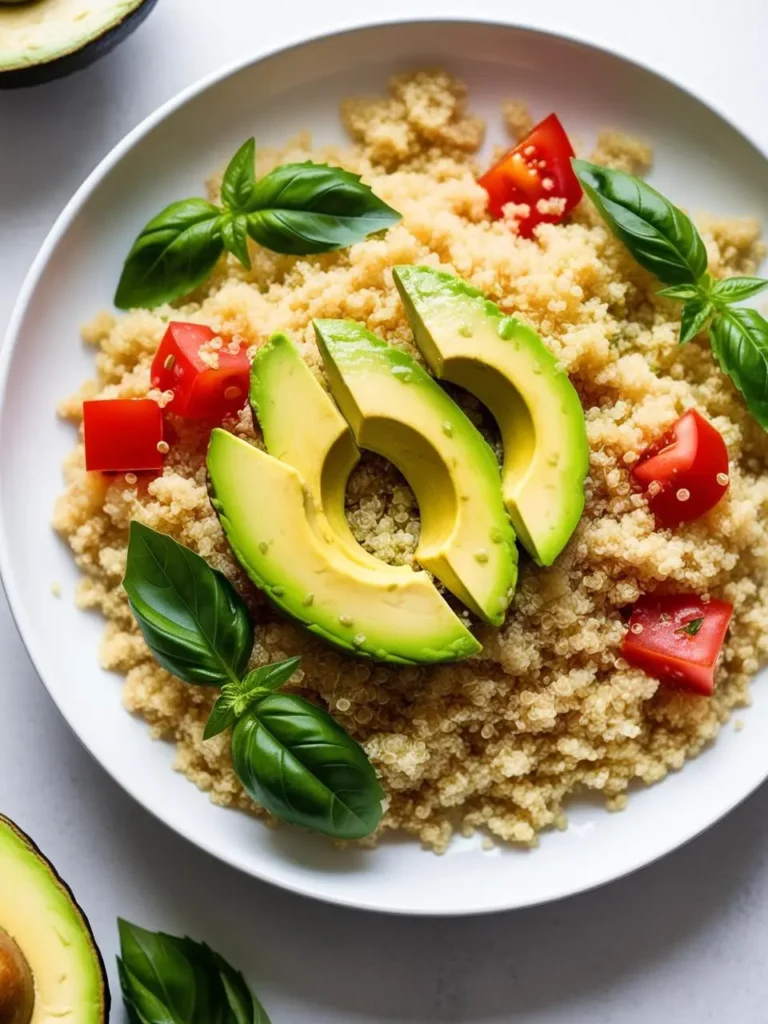 A plate of fluffy quinoa topped with slices of ripe avocado, diced tomatoes, and fresh basil leaves. The dish looks light, healthy, and perfect for a summer meal.