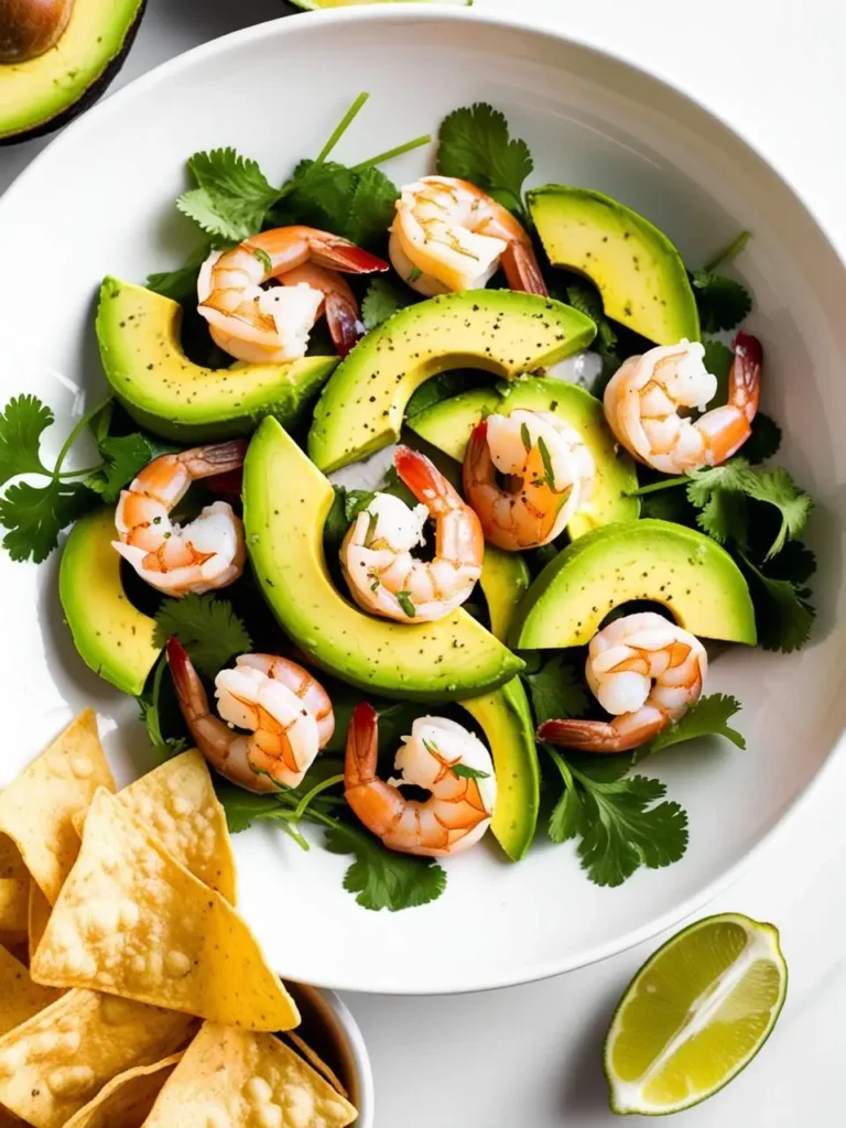 A vibrant salad of avocado slices and cooked shrimp, garnished with fresh cilantro. A bowl of tortilla chips and a lime wedge are placed beside the salad, inviting you to enjoy this refreshing and flavorful dish.