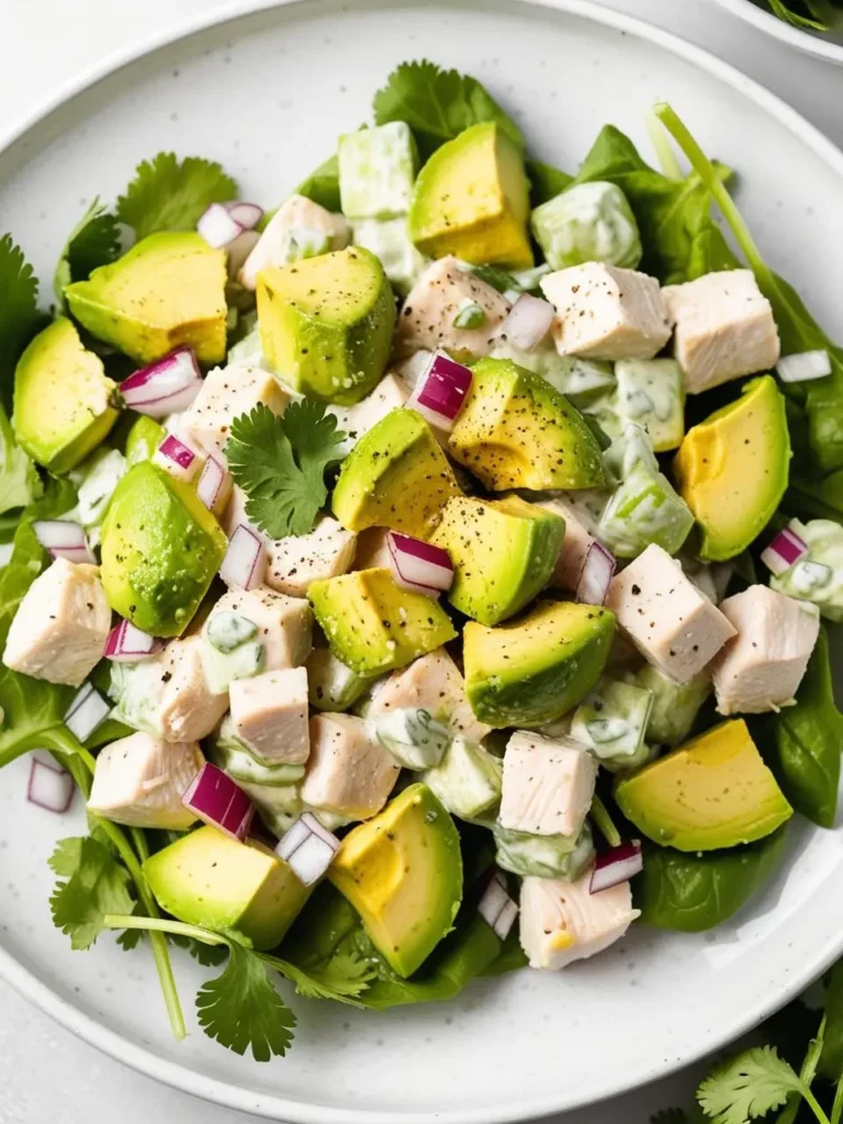 A vibrant chicken salad with diced avocado, chopped red onion, and fresh cilantro. The salad looks creamy and refreshing, perfect for a light lunch or side dish.