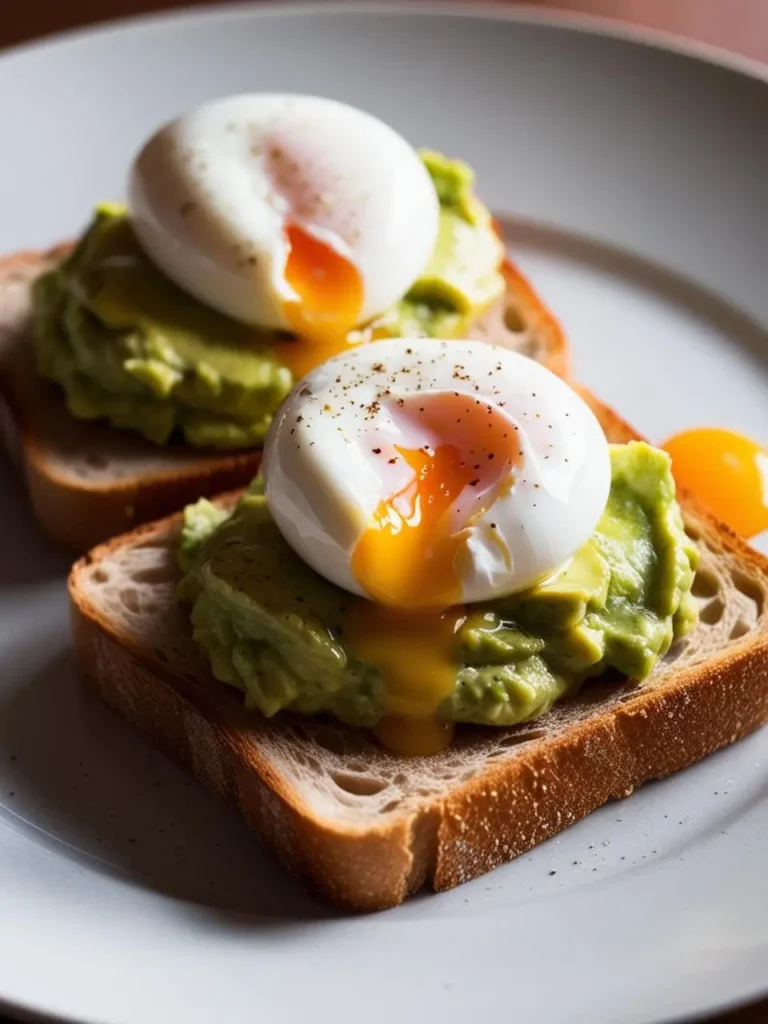 Two slices of toast topped with creamy avocado and perfectly poached eggs. The yolks are runny and seasoned with black pepper, making it a visually appealing and delicious breakfast option.