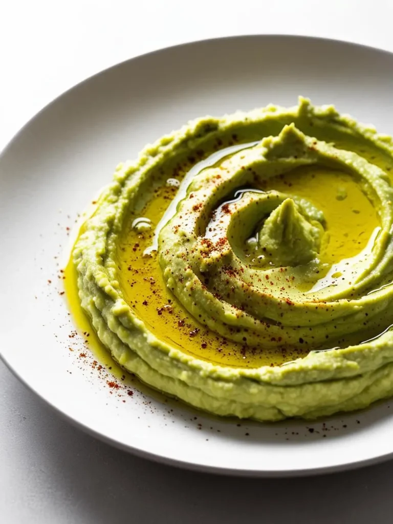 A plate of vibrant green avocado hummus. The smooth dip is drizzled with olive oil and sprinkled with paprika. It looks creamy, flavorful, and perfect for dipping pita bread or vegetables.