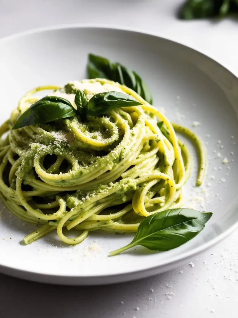 A plate of spaghetti pasta coated in a vibrant green pesto sauce. The pasta is topped with fresh basil leaves and grated Parmesan cheese, creating a classic and delicious Italian dish.