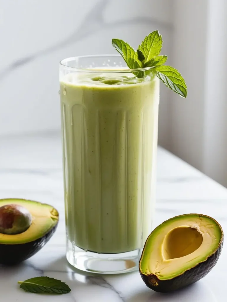 A tall glass filled with a vibrant green smoothie, garnished with a sprig of mint. Two halves of an avocado are placed beside the glass, suggesting the smoothie's main ingredient. The drink looks refreshing and healthy.