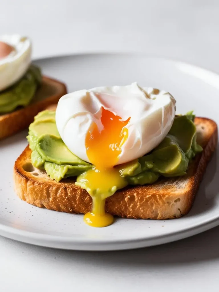 A perfectly poached egg sits atop a bed of mashed avocado on a slice of toasted bread. The yolk is runny and oozing onto the avocado, making for a visually appealing and delicious breakfast.