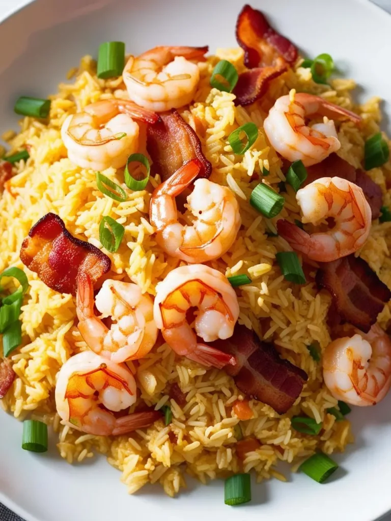 A plate of flavorful shrimp and bacon fried rice. The dish features fluffy rice, juicy shrimp, and crispy bacon bits, all seasoned with savory spices. The fried rice is garnished with green onions and looks incredibly appetizing.