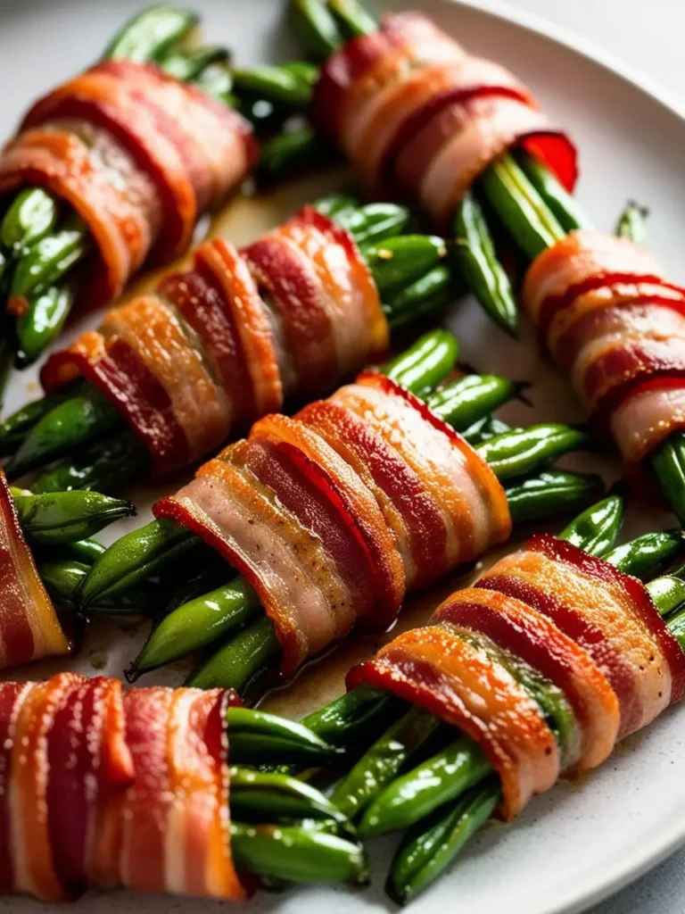 A plate of crispy bacon-wrapped green beans. The beans are tightly wrapped in strips of bacon, which have been cooked until golden and crispy. The dish looks savory, indulgent, and perfect for a special occasion.