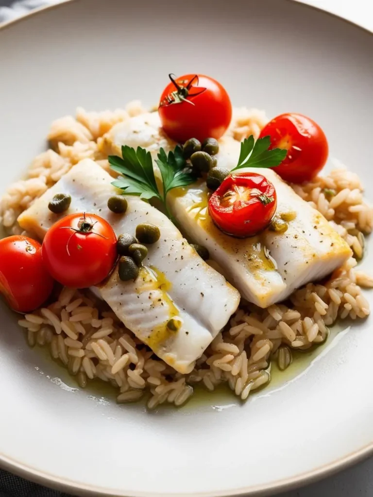 A plate of baked cod with a bed of brown rice. The fish is topped with roasted cherry tomatoes, capers, and fresh parsley. A drizzle of olive oil adds a touch of richness. The dish looks light, healthy, and appetizing.